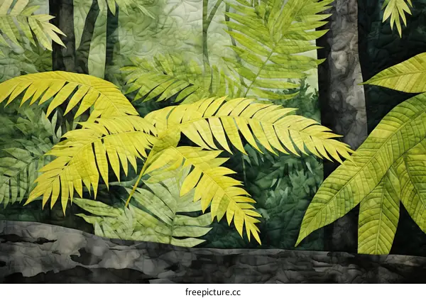 Quilted green and yellow ferns