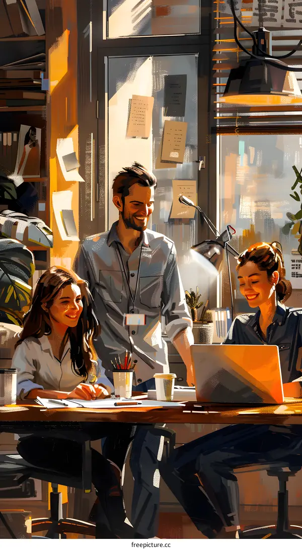 Three people in an office smiling and looking at a laptop.