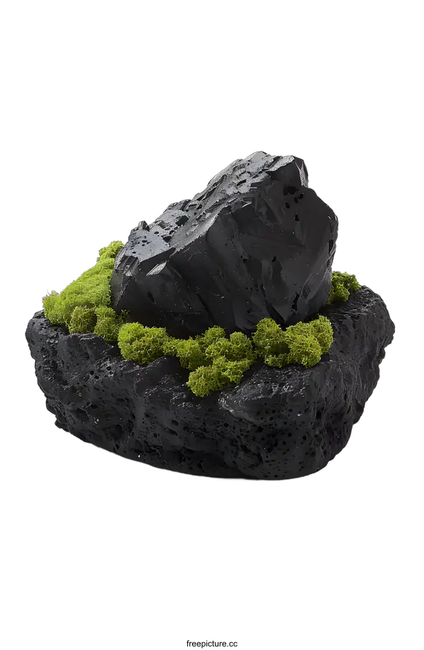 [Transparent Background PNG]Black Lava Rock with Green Moss