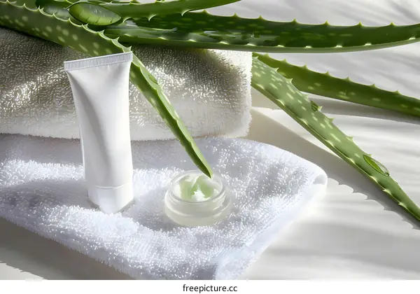Aloe Vera Plant With Cream and Towel on White Background
