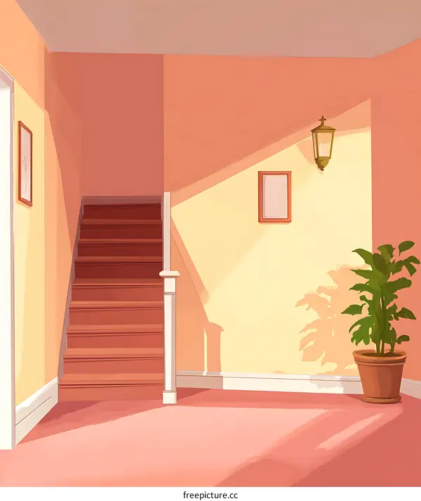 Cartoon Illustration Of A Staircase In A House With Sunlight