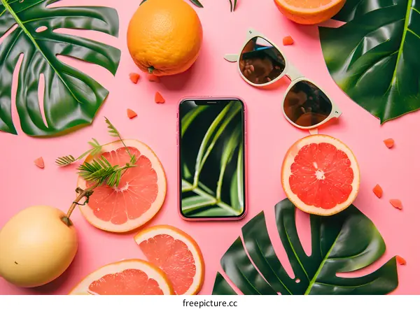 Summer Fruit Phone Flatlay with Sunglasses and Leaves