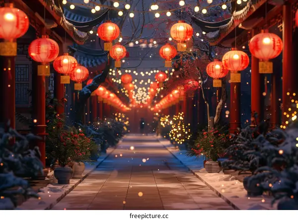 Snow-Covered Chinese Courtyard with Red Lanterns