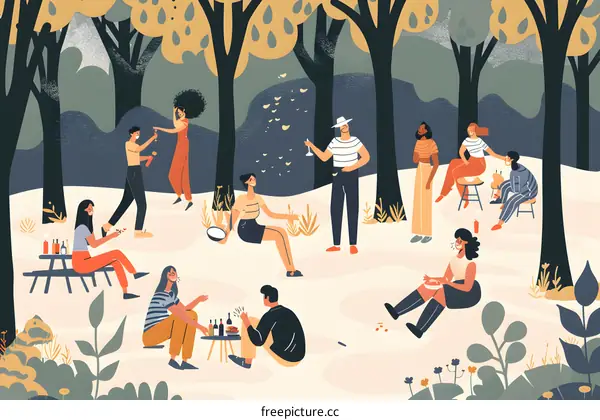 Friends Enjoying Picnic In Forest Illustration