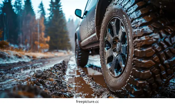 Muddy road with tire tracks