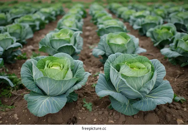 Rows of green cabbages growing in a field