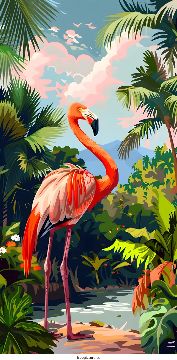 Pink Flamingo in Tropical Paradise