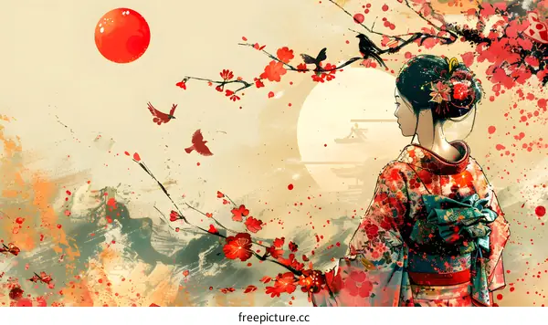 Japanese Woman in Kimono with Red Sun and Birds