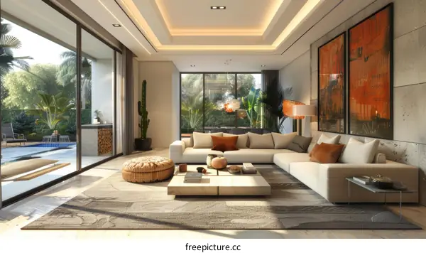 Modern Minimalist Living Room with Swimming Pool