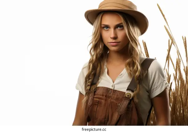 portrait of a young blonde woman wearing a brown hat and brown overalls standing in a wheat field