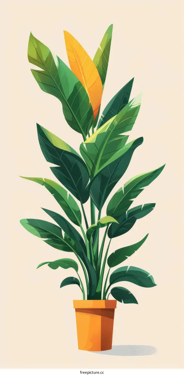 A tall potted Bird of Paradise plant with green and yellow leaves