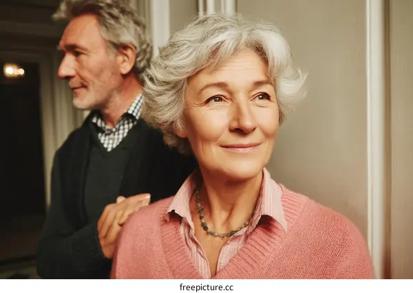 Elderly Couple Holding Hands in Hallway