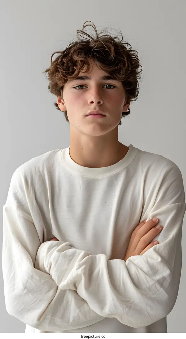 Portrait of a teenage boy with freckles and brown hair