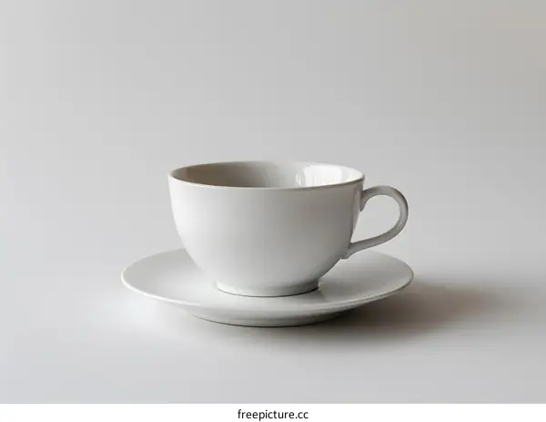 A simple white cup and saucer on a white background.