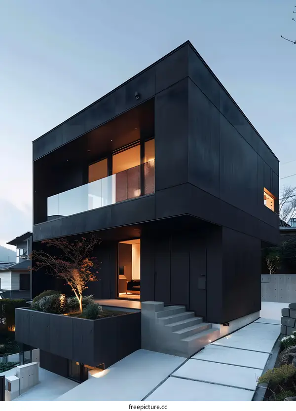 Modern Black House with Balcony and Garden