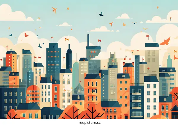 Cityscape with Birds and Buildings