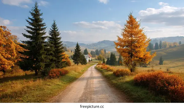 Autumnal Countryside Road with Colorful Trees