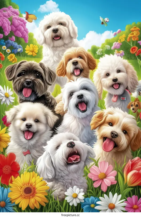 A Group of Small Dogs in a Field of Flowers