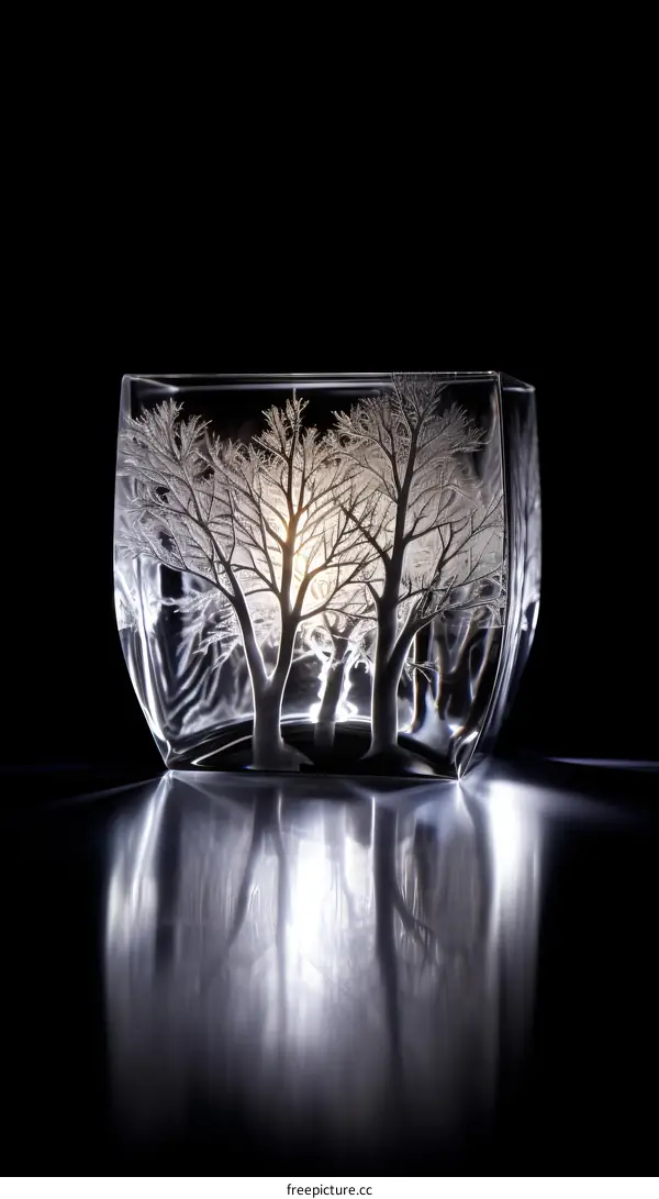 Black and white line drawing of trees in a glass cube