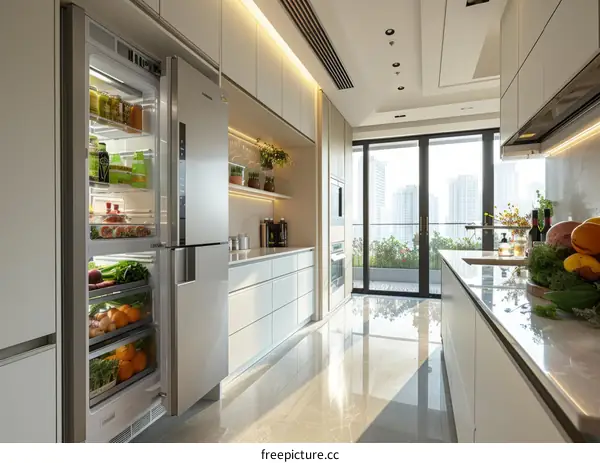 Modern Stainless Steel Kitchen with Large Windows