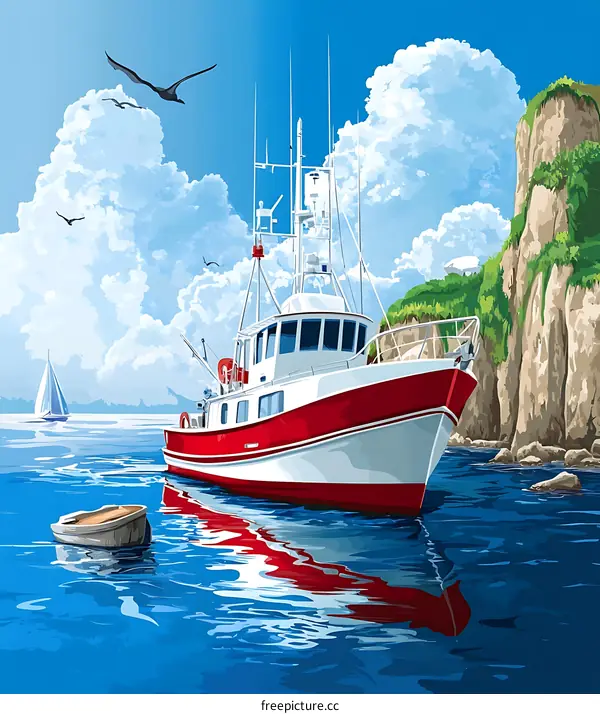 Red and White Fishing Boat in the Ocean