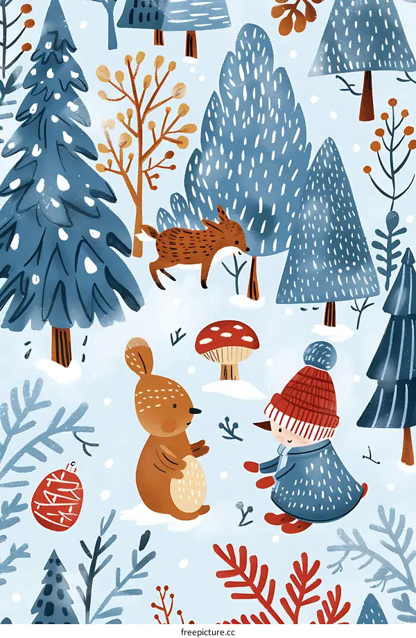 Winter Forest Illustration with Animals and Snow