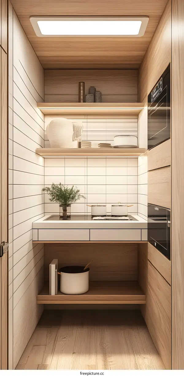 Minimalist Kitchen Design With White Tiles and Wooden Cabinets