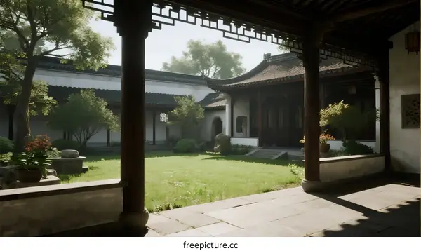 Traditional Chinese Garden Courtyard with Green Grass and Wooden Structure