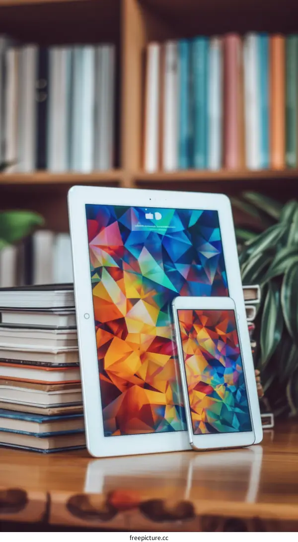 A tablet and a smartphone are placed on a wooden table in front of a bookshelf.