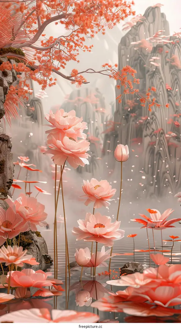 Pink lotus flowers are blooming in the pond with mountains and trees in the background