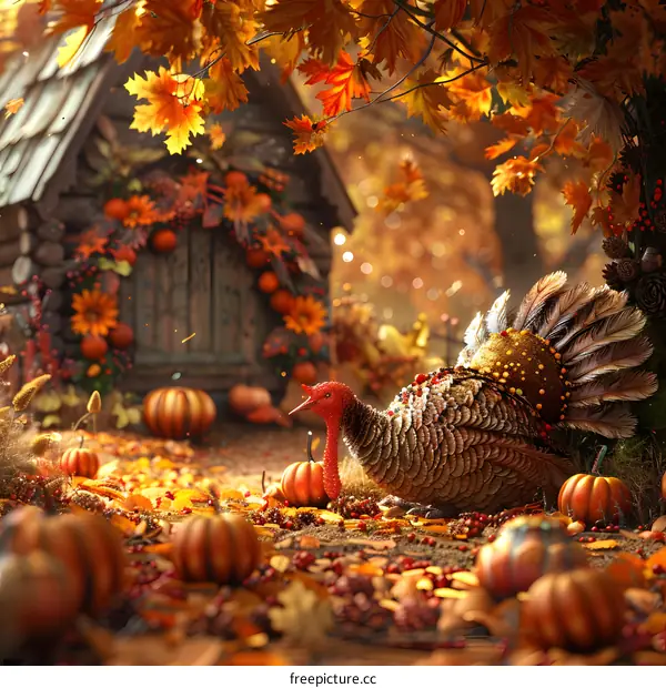 A turkey standing on the fallen leaves of pumpkins