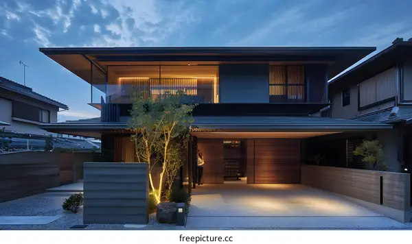 Modern Japanese House with a Glass Balcony and a Stone Garden