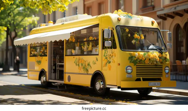 Yellow bus decorated with flowers