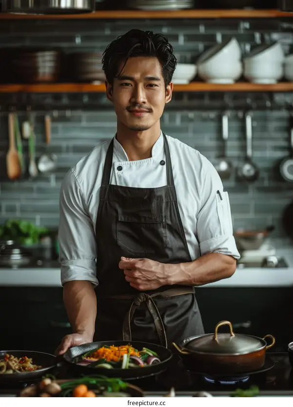 Portrait of a handsome young Asian chef standing in a commercial kitchen