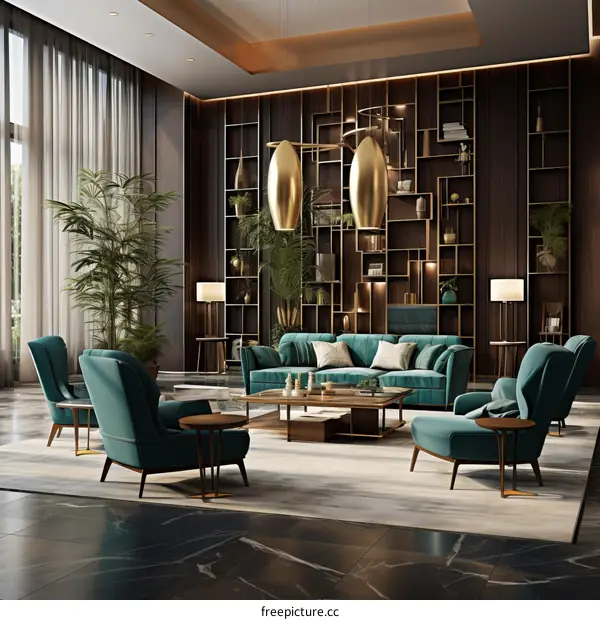 Modern living room interior design with green armchairs and sofa