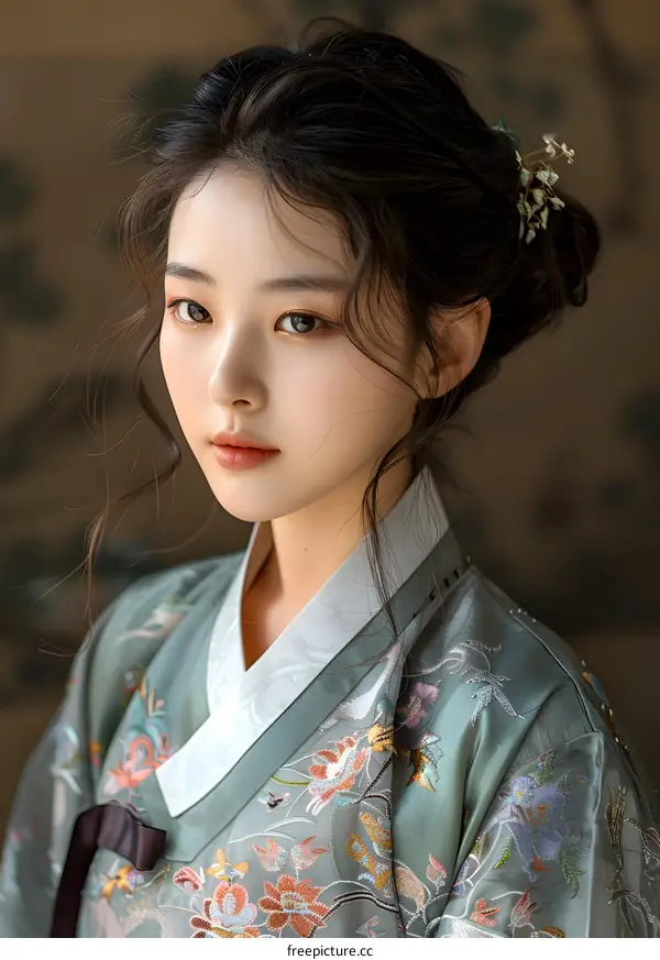 Portrait of a young Korean woman in traditional Korean dress
