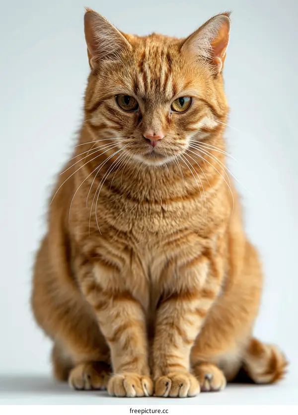 A ginger cat is sitting on a white table