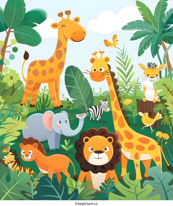 Cute Cartoon Animals in the Jungle