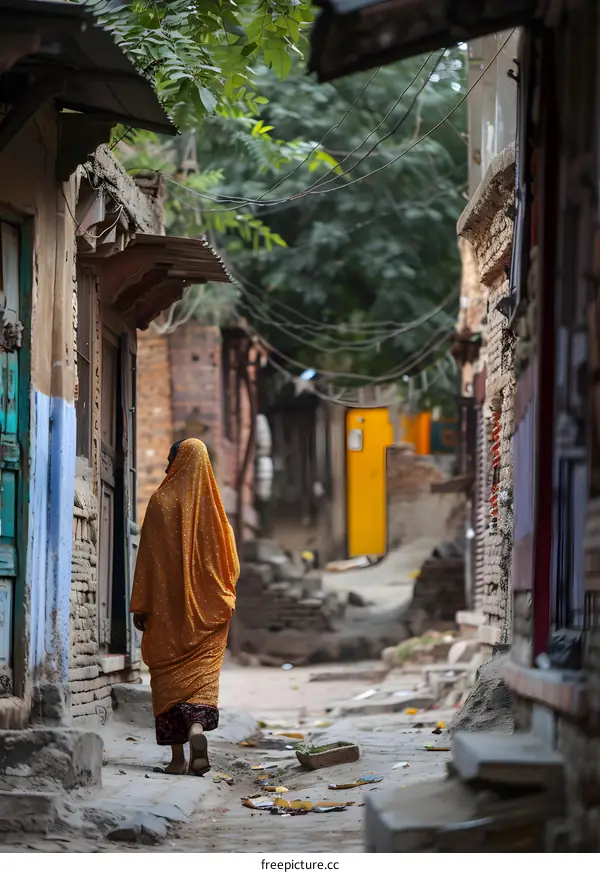 Indian Woman Walking Through Narrow Alleyway in Old City