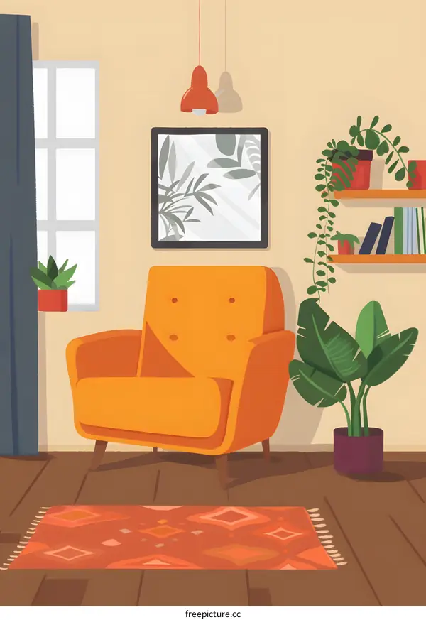Cozy Living Room with Orange Armchair and Plants