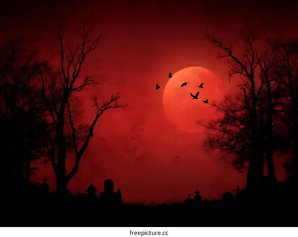 Red Moonlit Cemetery at Night
