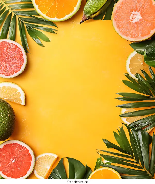 Tropical Fruits and Leaves on Yellow Background