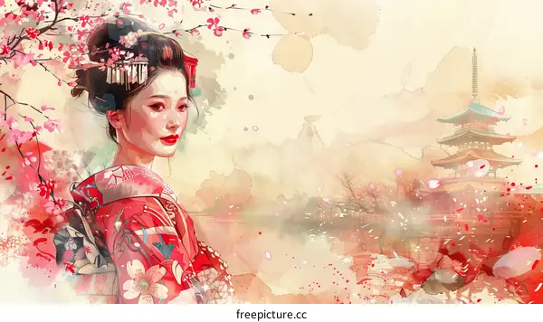 A beautiful Japanese woman in a kimono standing in a field of cherry blossoms with a pagoda in the background