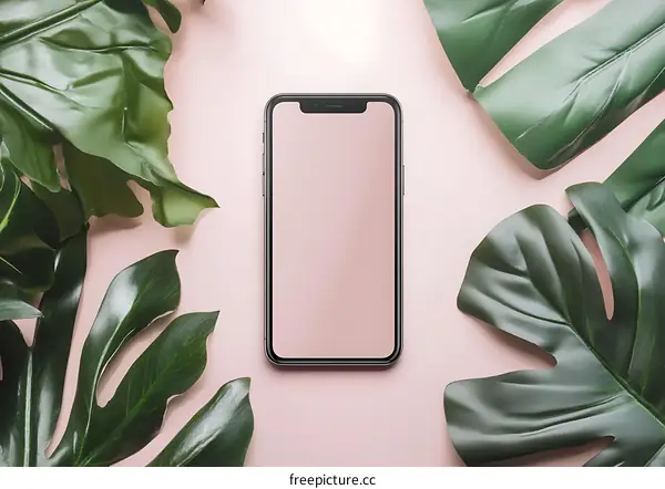 Modern Smartphone with Green Leaves on Pink Background