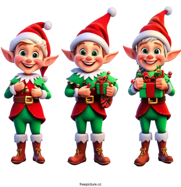 [Transparent Background PNG]Three Christmas Elves Holding Gifts