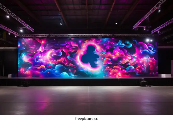 Large-scale projection of a nebula on a stage with spotlights