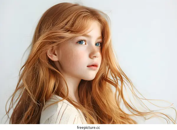 Portrait of a beautiful red-haired girl with freckles on her face