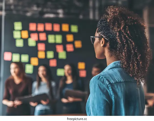 African American Woman in a Meeting Looking at Sticky Notes