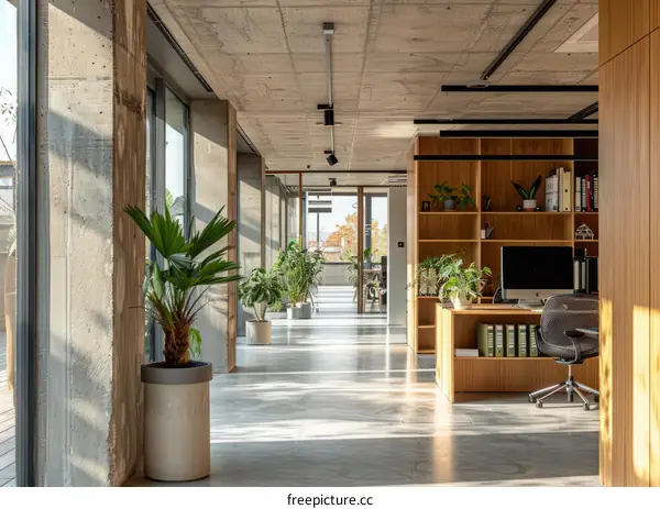 Office interior with concrete columns and wooden furniture
