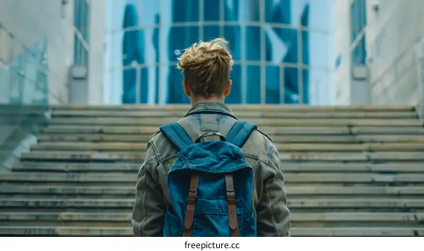 Man With Backpack Standing on Stairs